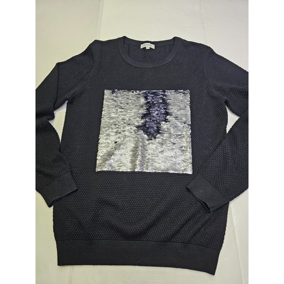 RED P G Black Textured Sweater Sequin Front Square Neck Long Sleeve Size L - Picture 2 of 7